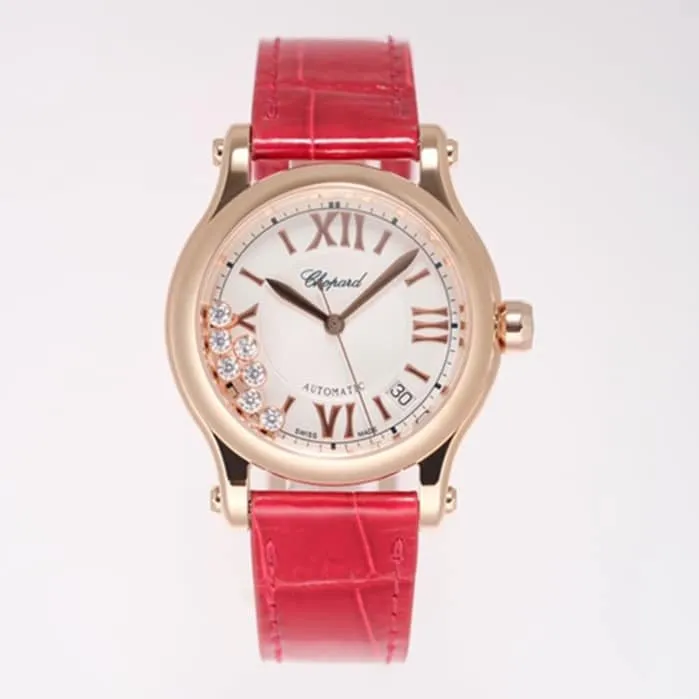 top-tier watch Chopard women's white dial red band happy diamond series leather strap watch front view