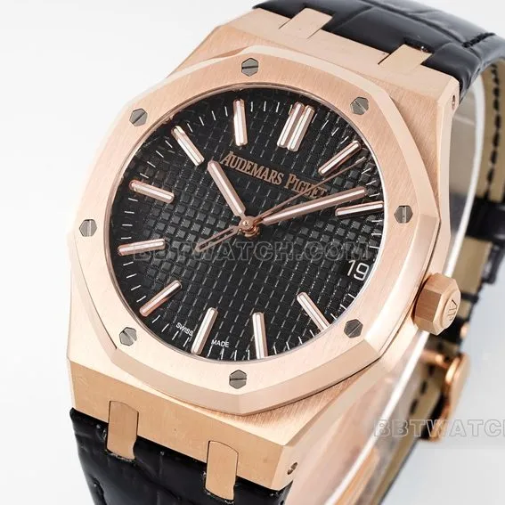 APS factory Audemars PiguetRoyal Oak1:1super cloneblack dialrose goldleather strap model 15510OR.OO.D002CR.02front live photo