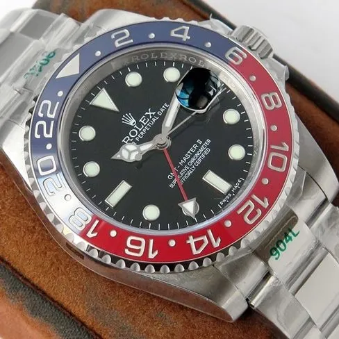 GS factory top-tier replicaRolex super a watch men's black dialsteel braceletGMT-Master type II GMT series watch front view