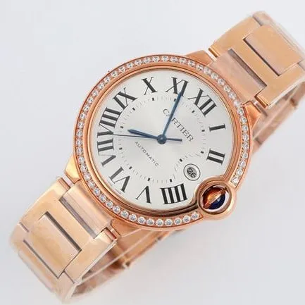 V6 factory top-tier watch Cartier automatic movement blue balloon series men's white dialsteel bracelet watch front view