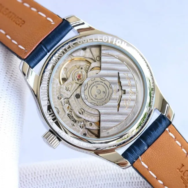Longinestop-tier famous series ladies blue dial blue belt fully automatic movementleather strap watch front view