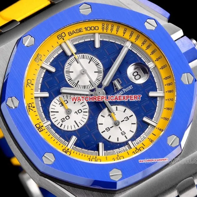 TW factory Audemars PiguetRoyal Oak offshore super cloneblue dial yellow inner bezel26400front live photo
