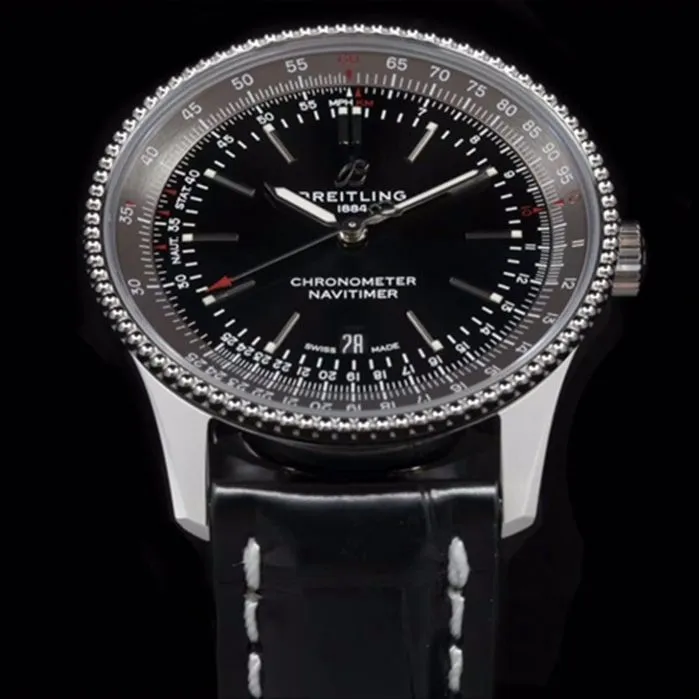 top-tier watch Breitling men's black dial aviation chronograph1 series leather strap watch front view