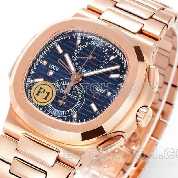 Sporty and elegant collectible watches P1 factory Patek Philippe blue plate rose gold mechanical steel belt models 5990 front real picture