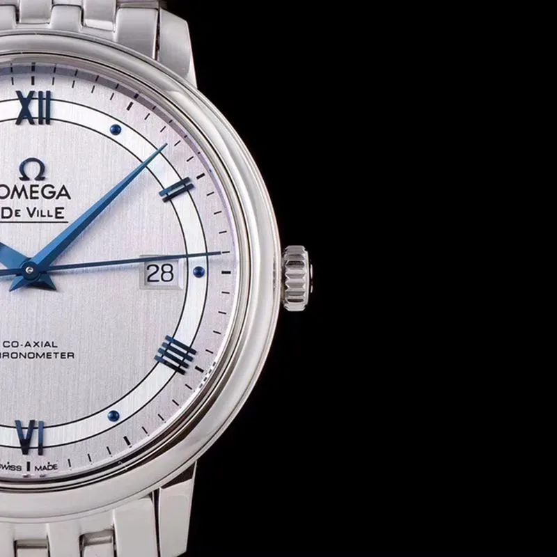 Omegahigh-quality watch De Ville series men's mechanical ultra-thin watch white steel track white surface detail shots