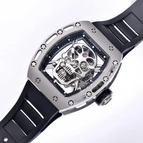 JB factory top-tier watch Richard Mille men's white dial black rubber strap genuine tourbillon mechanical watch front view