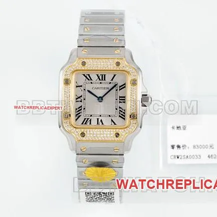 1:1replica watch Santos Cartiersilver dialyellow gold set with diamond bezelquartz movementfront live photo