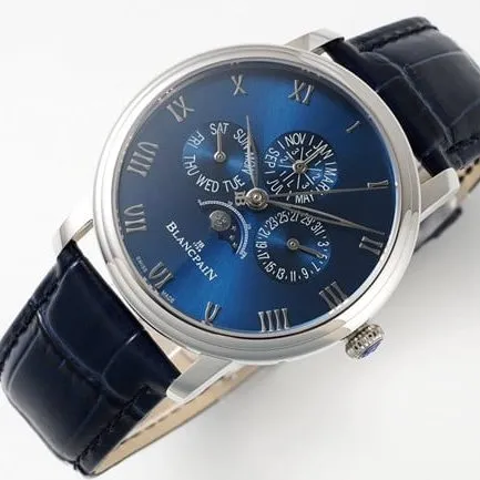 Top watch Blancpain men's blue dial blue strap classic series manual mechanical leather strap watch front view