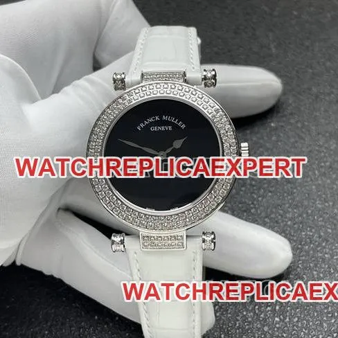 top-tier watch frank mill quartz ABF factory black dialdiamond bezel white leather braceletfront live photo