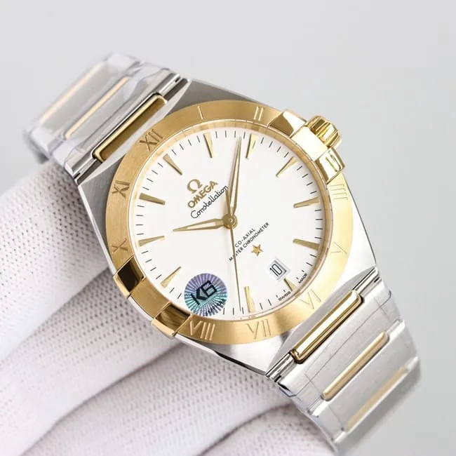 top-tier replicaOmega fifth generation constellation series white dial gold and silver steel bracelet men's watch front view