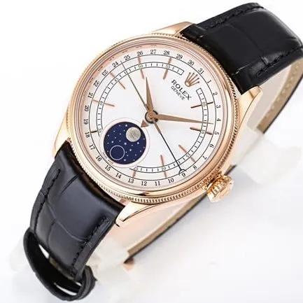 TWF factory top-tier watch Rolex men's white dial black belt Cellini series 50535 moon phaseleather strap watch front view