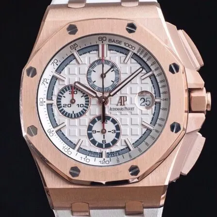 top-tiersuper cloneAPFrose goldwhite dialAudemars PiguetRoyal Oak Offshore 26400 top-tier watch front view