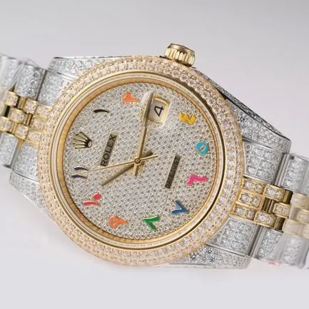 TW factory top-tier replicaRolex men's white dialsteel bracelet full diamond Datejust series 18k gold automatic movement watch front view