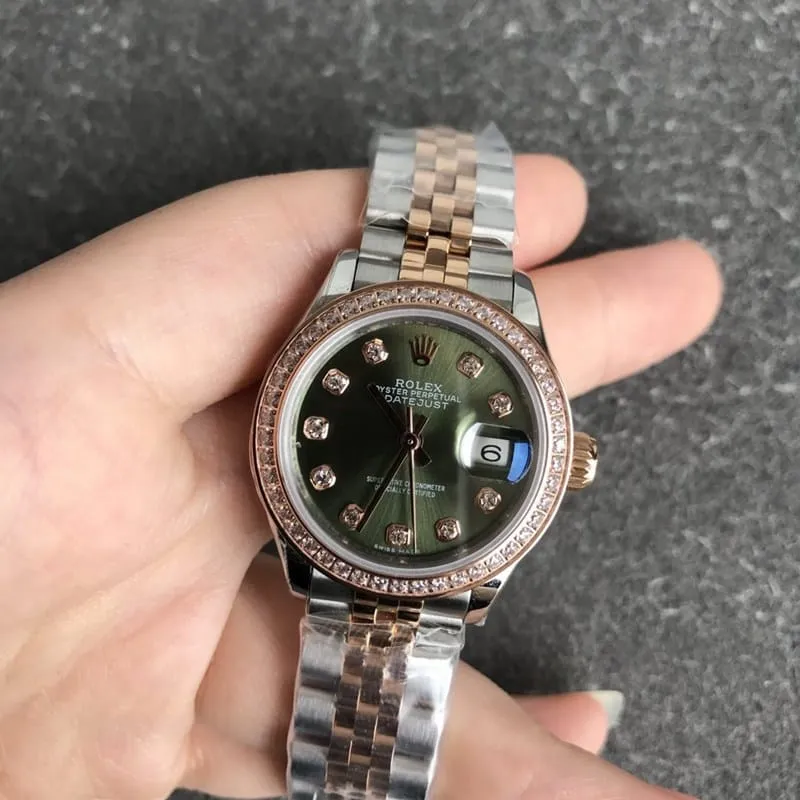 Rolex ladies watch Datejust 28mm mechanical tiger circles diamond rose gold green dial diamond hour markers front view