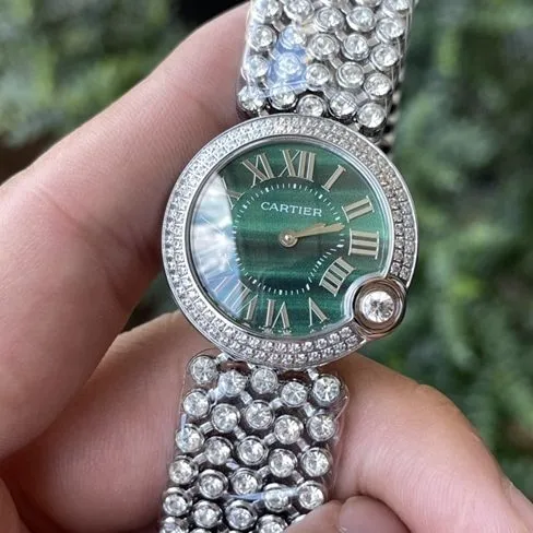 top-tier watch Cartier women's green dialsteel braceletquartz blue balloon series watch front view