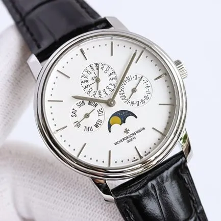 top-tier watch Vacheron Constantin men's white dial black belt perpetual calendar multi-function heritage series mechanical watch front view