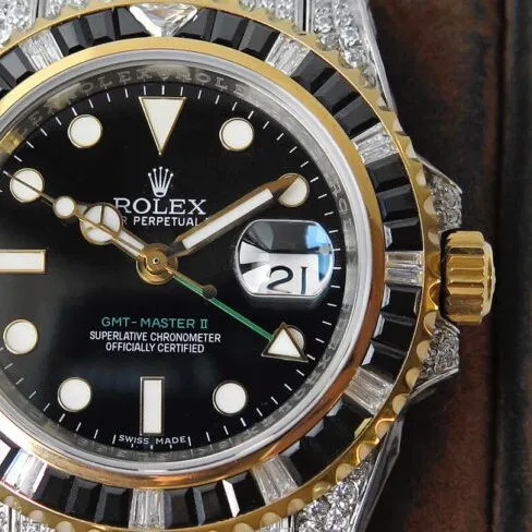 Rolextop-tier replicaGMT-Master type II watch with diamonds on the back, customized version, luxurious, sparkling, classic and trendy, front view