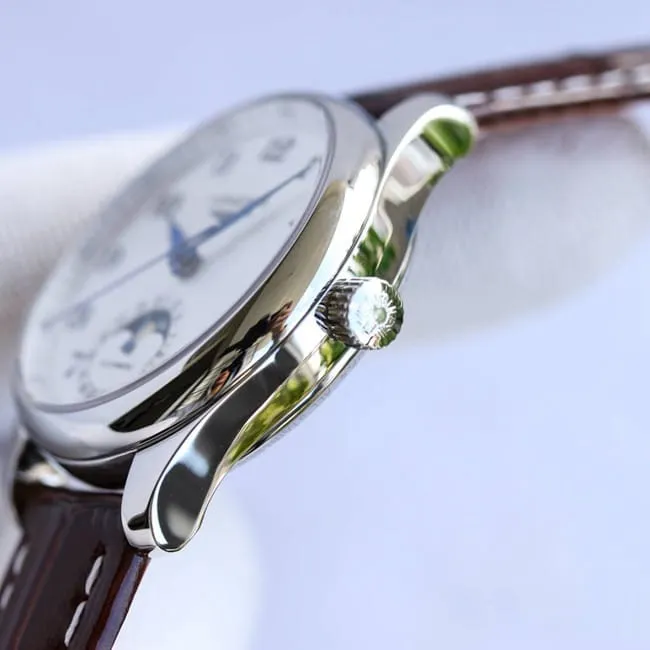 top-tier replicaLongineshigh-quality women's white dial brown belt famous craftsman series fully automatic movementleather strap watch front view
