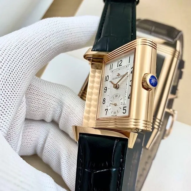 top-tier watch Jaeger-LeCoultre men's white dial black belt manual winding flip series leather strap watch front view