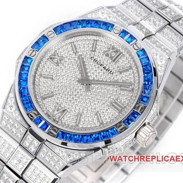 Chopard collectible watch GH factory snow mountain proud wing 41mm pavé diamond blue sapphire crystal ring steel bracelet model front live photo