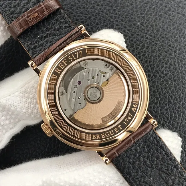 top-tier watch Breguet classic series mechanical leather strap men's white dial brown belt watch side view