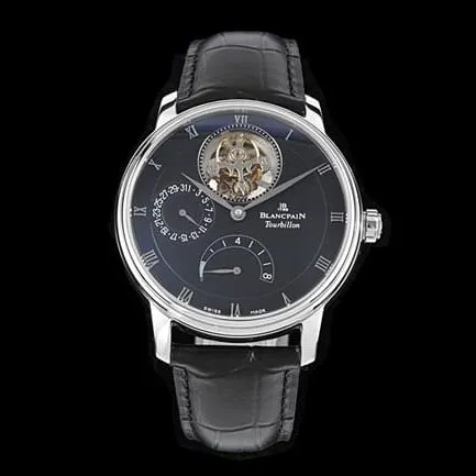 JBF FactoryBlancpaintop-tier watch men's blue dial black belt tourbillon mechanical leather strap classic full series watch side view