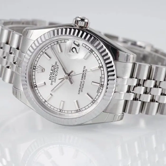 Top-tier watch Rolex men's gray plate Oyster Perpetual Datejust 31mm series steel bracelet watch side view