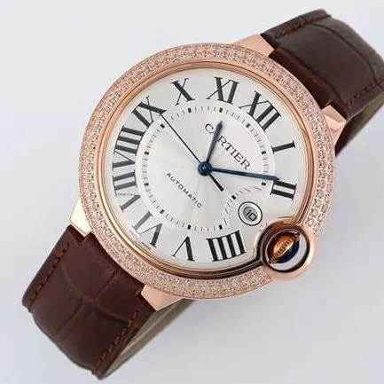 V6 factory top-tier watch Cartier men's white dial brown belt blue balloon series leather strap mechanical watch front view