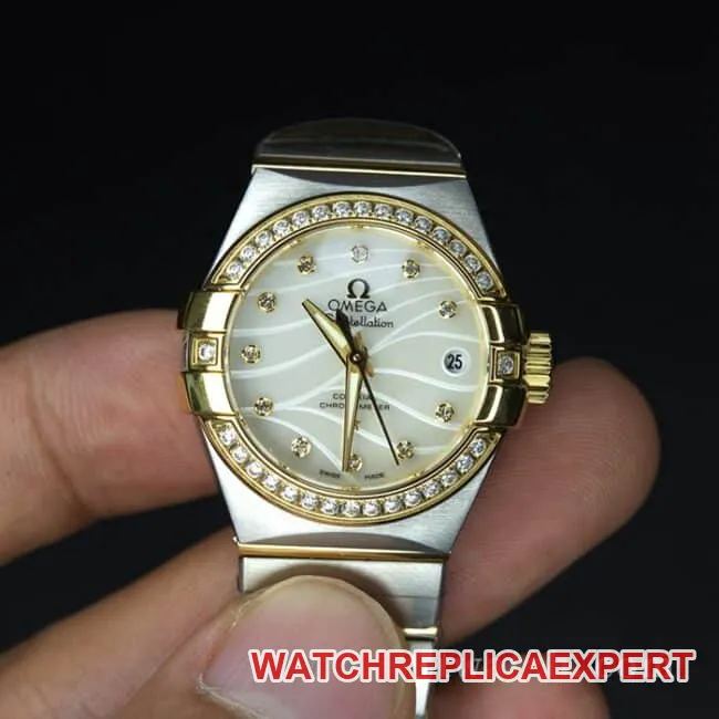 Omegatop-tier watch constellation series ladies' watchwhite dialsteel bracelet diamond-set mother-of-pearl mechanical 123.25.27.20.55.004 watch front view