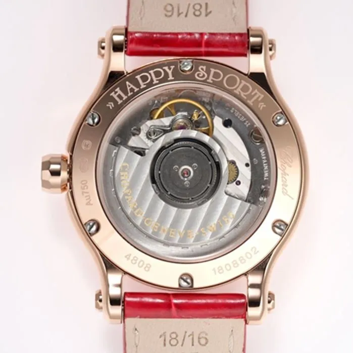 top-tier watch Chopard women's white dial red band happy diamond series leather strap watch front view