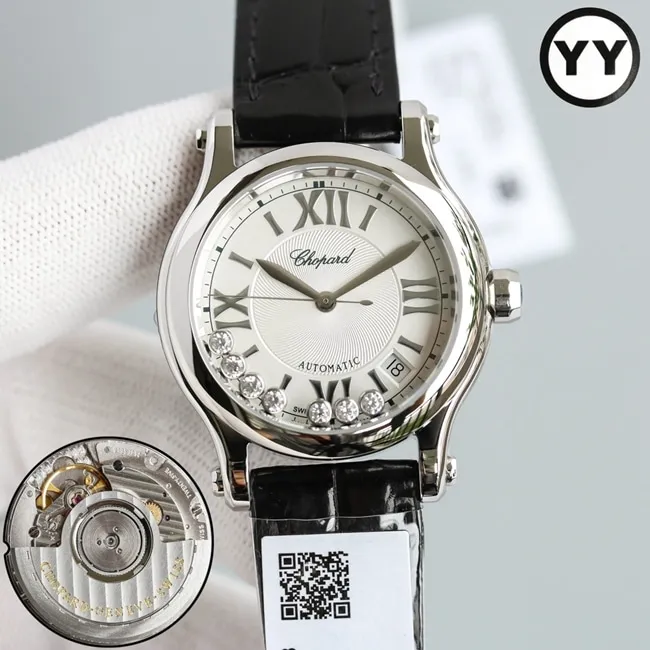 top-tier watch Chopard women's white dial black belt happy diamond HAPPY DIAMONDS series leather strap mechanical watch side view