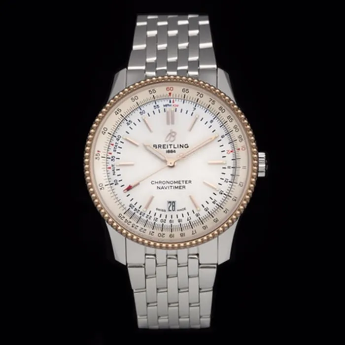 top-tier watch Breitling men's white dial aviation chronograph1 series steel bracelet watch detail shots