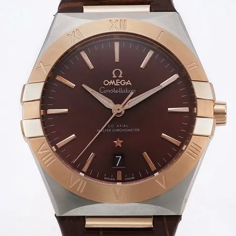 TW factory top-tier watch Omega men's brown plate brown belt constellation series leather strap watch front view
