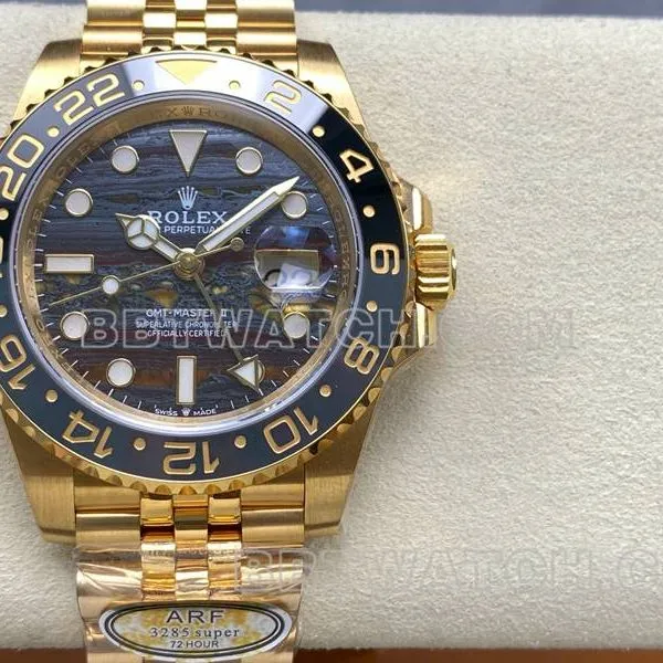 Rolex1:1replica watch ARF FactoryGMT-Master tiger eye stone GMTyellow goldsteel bracelet front live photo
