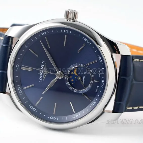 APS factory Longines watchmaking tradition super cloneblue dialmoon phaseleather strap model L2.909.4.92.0front live photo