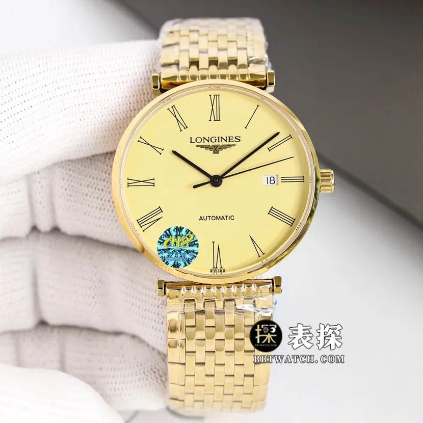 Jialan Longines 1:1replica watch men's champagne gold plate steel bracelet front view