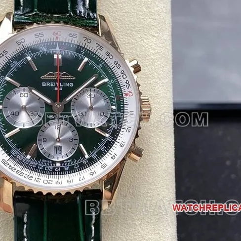 collectible watch BLS factory Breitling aviation chronographrose goldgreen dialleather strap front live photo