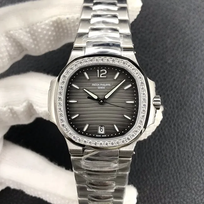 PF Factory Top Patek Philippe Nautilus Men's Black Dial Steel Strap Sports Series Automatic Mechanical Watch Front View