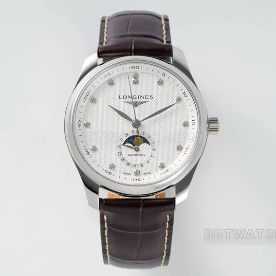 APS factory Longines watchmaking traditional top-tier 1:1high-quality replicasilver dialmoon phaseleather strap model L2.909.4.77.3front live photo