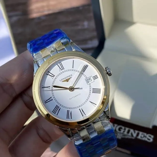top-tiersuper cloneLongines military flag series white steel Swiss carved movement couple watch front view