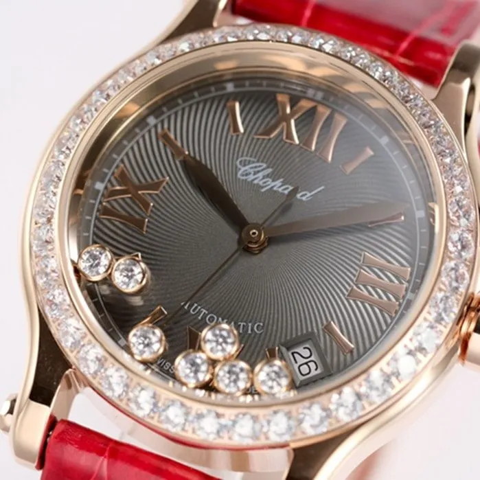 top-tier watch Chopard women's black dial red band happy diamond HAPPY DIAMONDS series mechanical watch front view