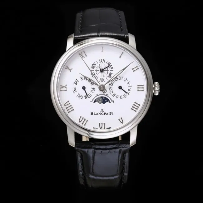 top-tier watch Blancpain men's white dial black belt classic series 6656 automatic movement watch front view