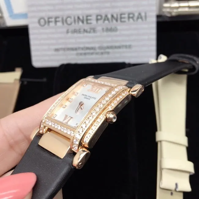 AW factory real diamond replicaPatek Philippewhite dial black belt ladies' watch front view