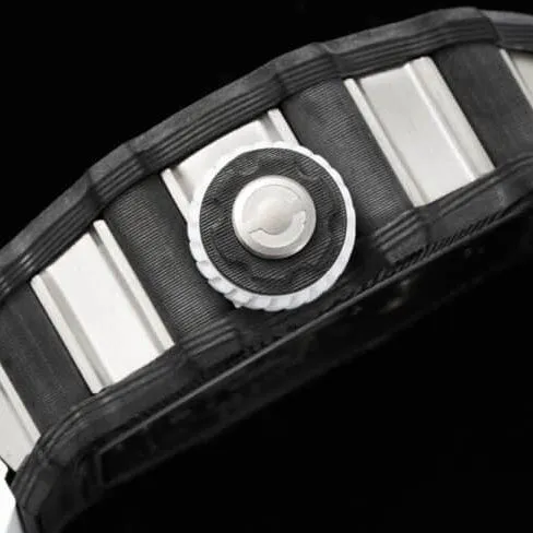 Large factory fine imitation Richard Mille black steel RM 21-01 aerodynamic tourbillon watch light wear carbon fiber and 5N red gold material front view