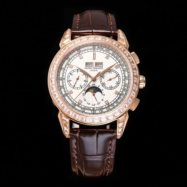 PFF factory Patek Philippetop-tier watch super complex function chronograph series men's white dial brown belt watch front view