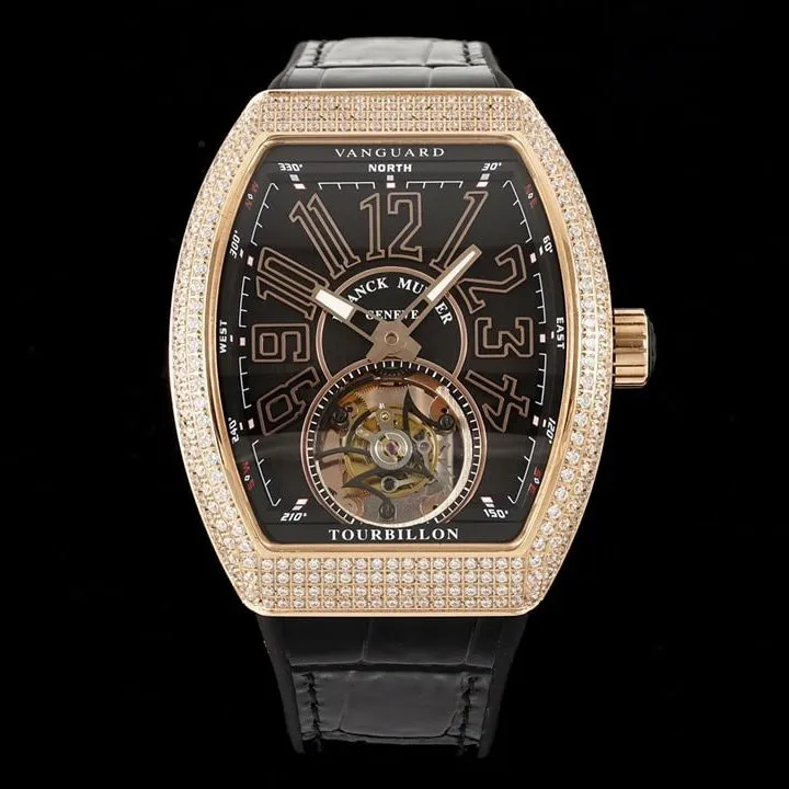 RMS factory Frank Muller men's top-tier watch black dialrose gold diamond leather strap model V 45 T D (NR) front live photo