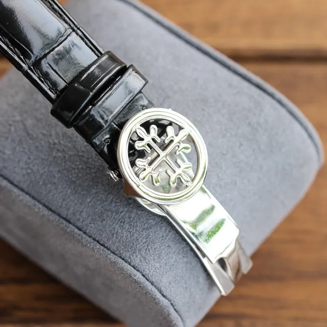 Patek Philippetop-tier watch men's white dial black strap hand-engraved mechanical leather strap 42mm watch front view