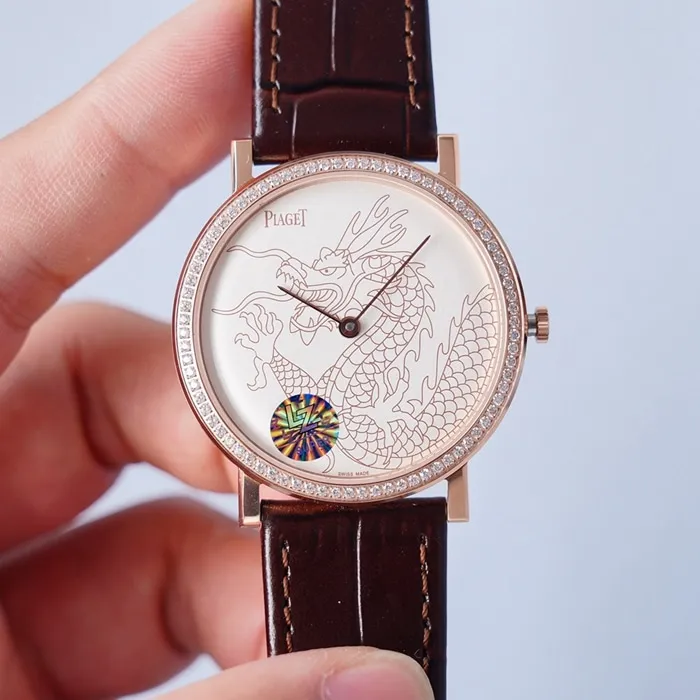 Top-tier watch Piaget men's white dial dragon and phoenix series leather strap watch front view