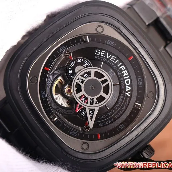 watch seven day display five SEVENFRIDAY/automatic movementmen's watch Swiss steel bracelet large dial all black front view