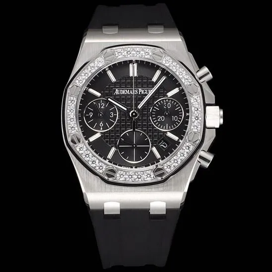 top-tier watch Audemars PiguetAudemars Piguet Royal Oak women's multifunctional chronograph black dial mechanical watch front view